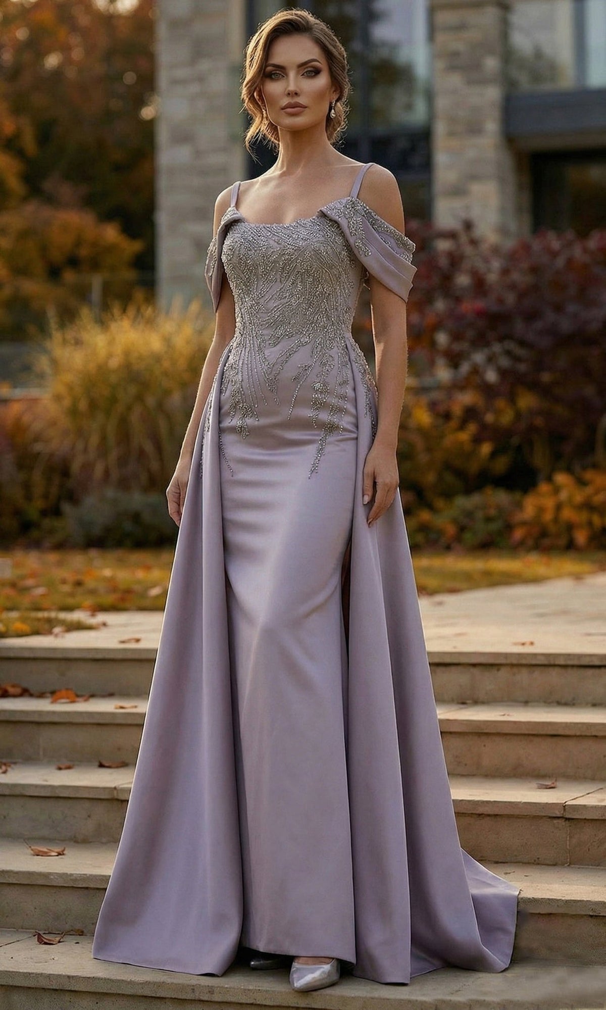 Terani Couture 262M7286 - Beaded Lace Column Overskirt Gown - Silhouette Dresses