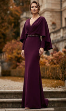 Terani Couture 262M7295 - Sculptural Cape Overlay Surplice V-Neck Gown - Silhouette Dresses