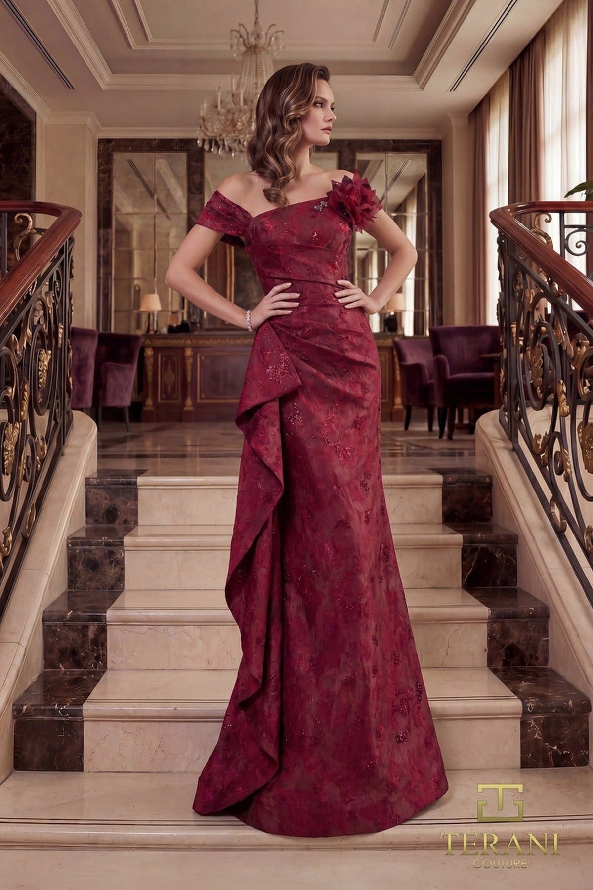 Terani Couture 262M7298 - Off Shoulder Jacquard Formal Gown - Silhouette Dresses