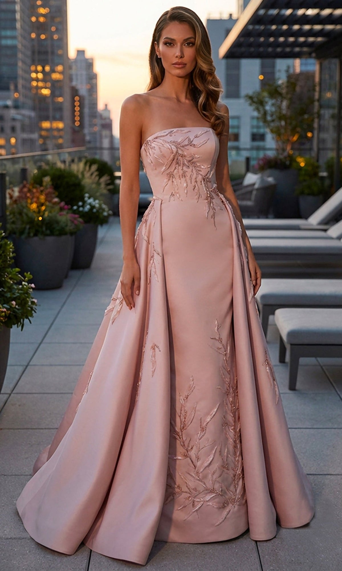 Terani Couture 262M7306 - Strapless Leaf Embroidered Overskirt Gown - Silhouette Dresses