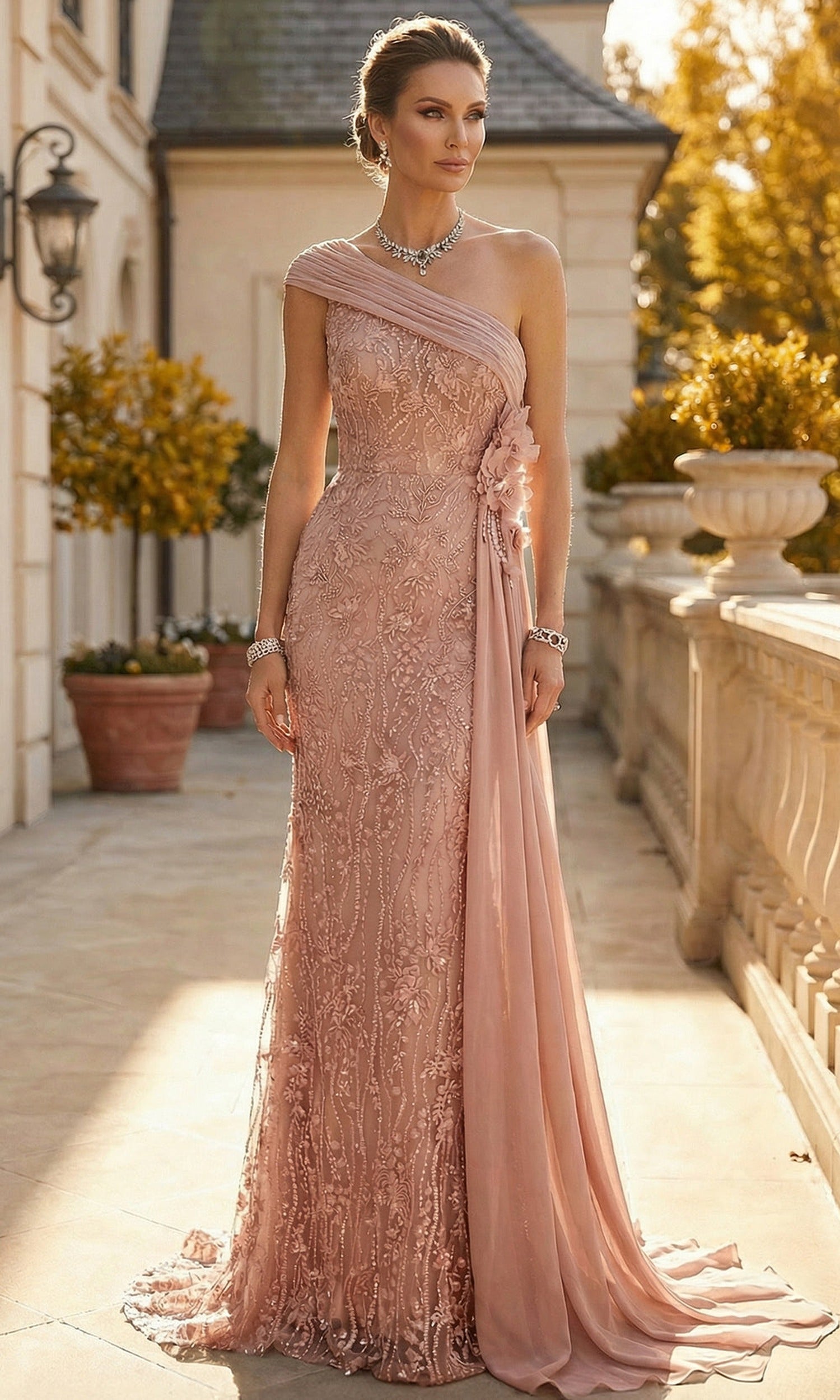 Terani Couture 262M7308 - One Shoulder Beaded Lace Formal Gown
