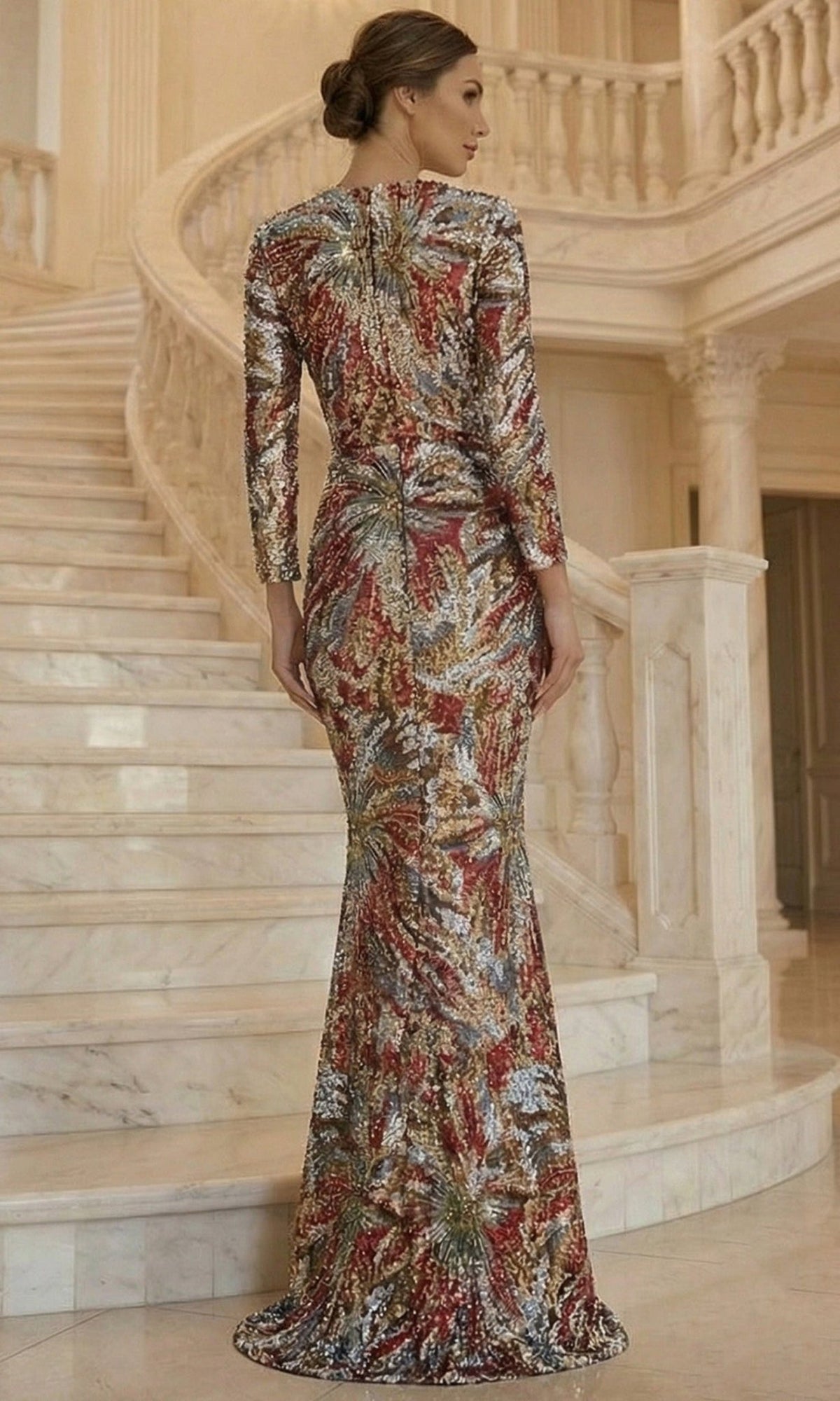 Terani Couture 262M7320 - Starburst Sequin Long Sleeve Evening Gown - Silhouette Dresses