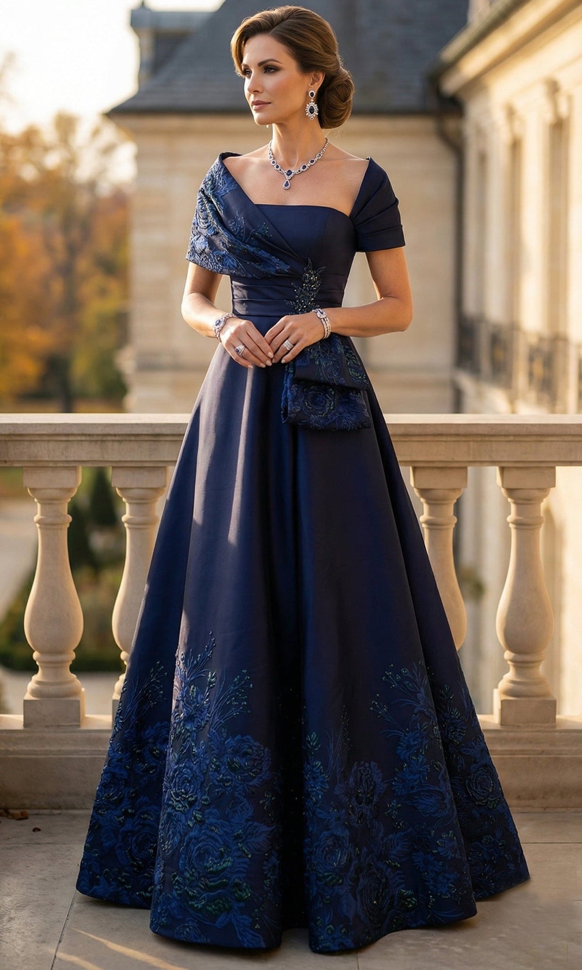 Terani Couture 262M7323 - Floral Jacquard Pleated Waist A-Line Gown - Silhouette Dresses