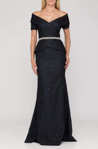 Terani Couture - Off Shoulder V Neck Beaded Belt Sheath Gown 1921M0727 - view 4
