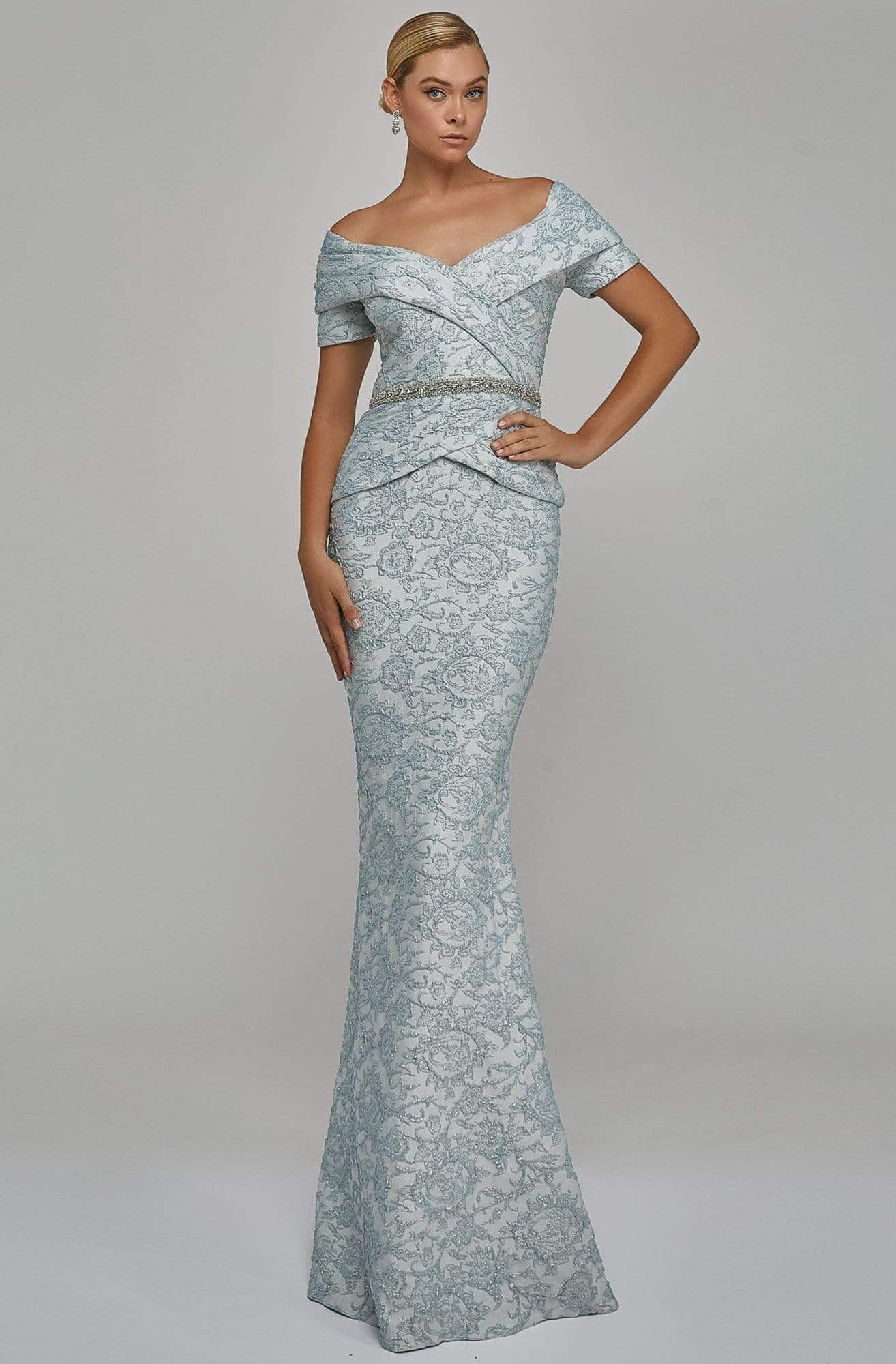 Terani Couture - Off Shoulder V Neck Beaded Belt Sheath Gown 1921M0727 - designer mother of the bride dress at Silhouette Dre