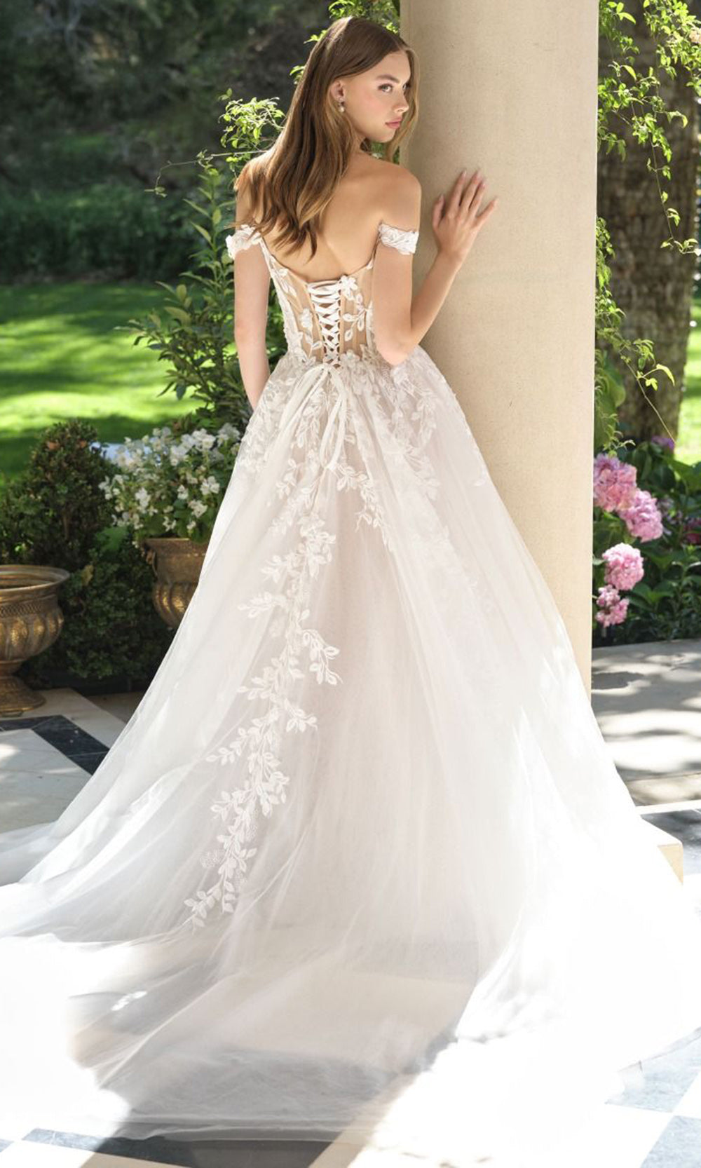 Andrea and Leo WL057 - Off Shoulder Lace Appliqued Ballgown - back view