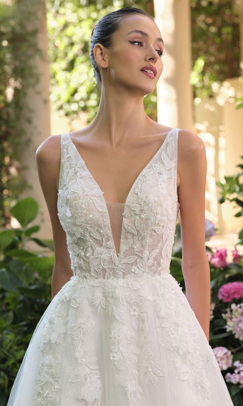 Andrea and Leo WL064 - Plunging V-Neck Floral Applique Ballgown - view 4
