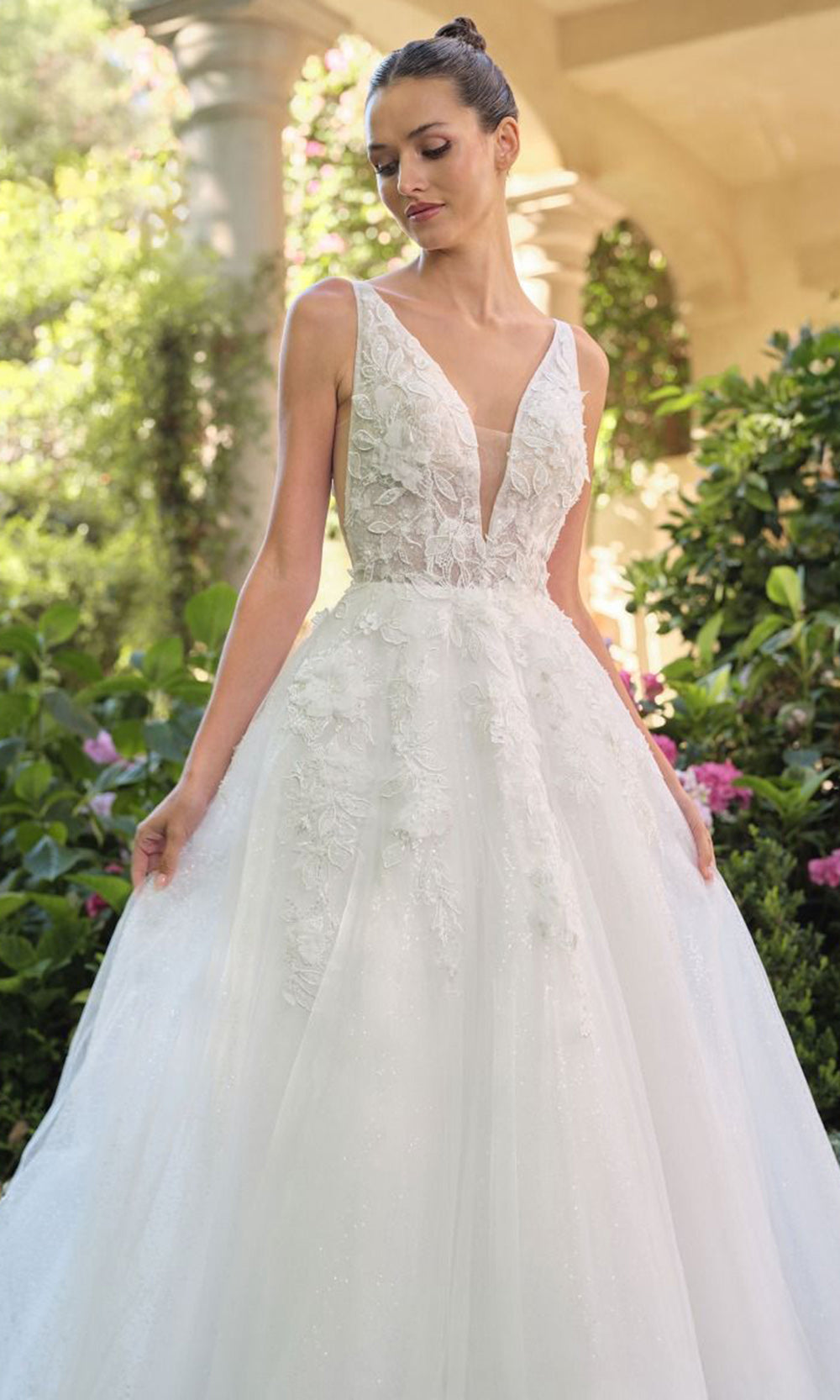 Andrea and Leo WL064 - Plunging V-Neck Floral Applique Ballgown - detail view