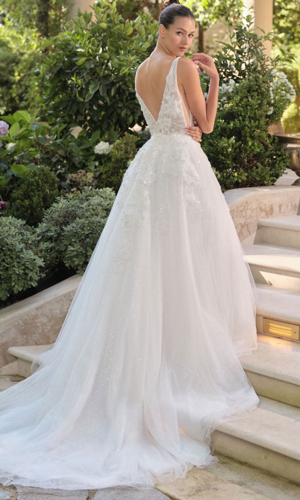 Andrea and Leo WL064 - Plunging V-Neck Floral Applique Ballgown - back view
