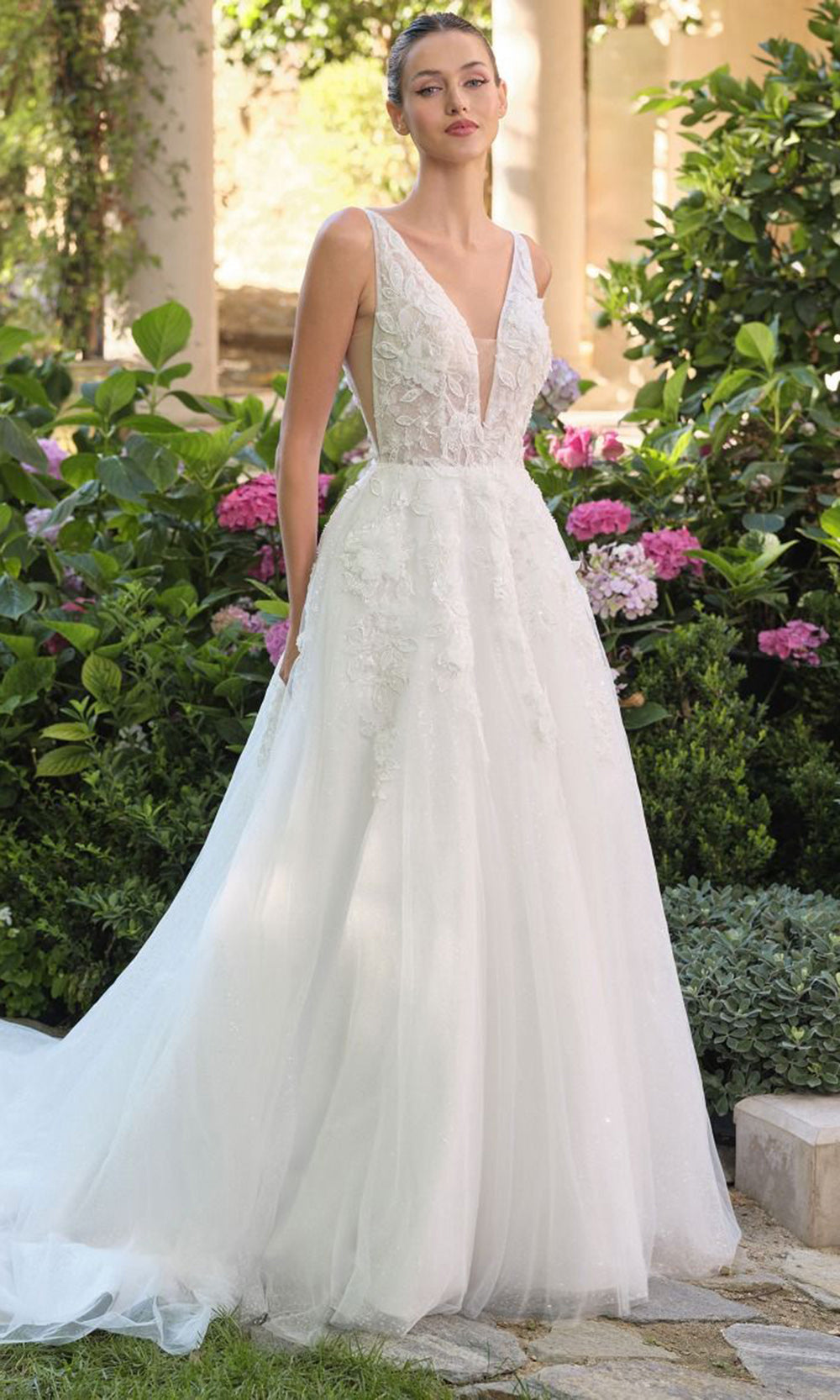 Andrea and Leo WL064 - Plunging V-Neck Floral Applique Ballgown - Silhouette Dresses